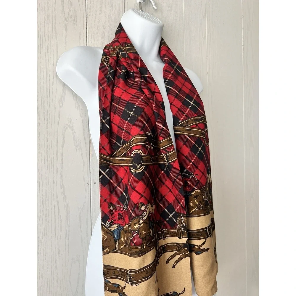 Vintage Double Face EQUESTRIAN Scarf Red Tartan Jockey Dachshund JG Hook